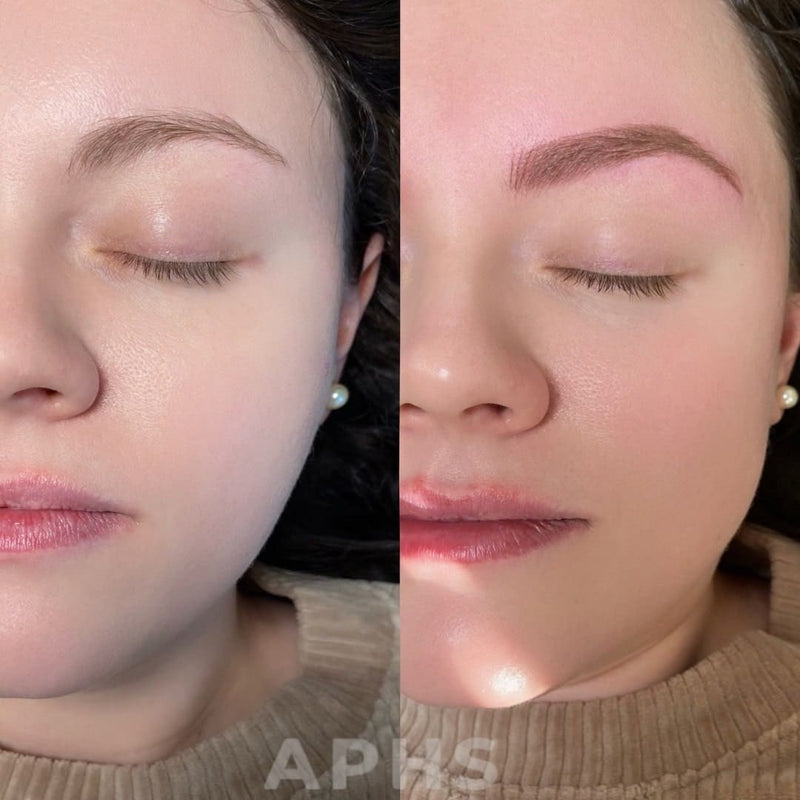 Before and After of a girl's ombre brow session with fuller and natural brows in the after photo, skin with red undertone